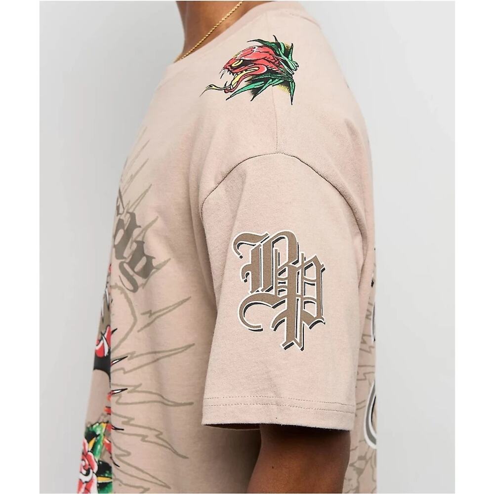 Ed Hardy x Broken Promises Love Scars Beige T-Shirt Size XL Cyber Y2K Tattoocore - Picture 3 of 13